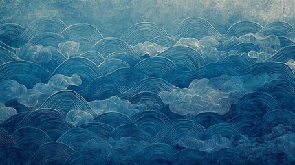 a background featuring a textured wave pattern in a traditional japanese style, with shades of blue.