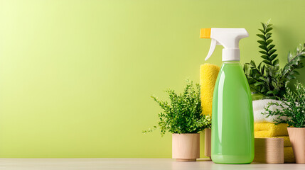 eco friendly cleaning green spray detergent in bottle concept of spring cleaning housekeeping housework clean bathroom house with sustainable environmentally friendly bio organic cleaning liquid