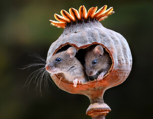 Wall Mural - A family of mice that have a nest in the head of a dry poppy plant. A family of mice with their heads out of the nest