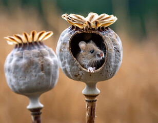 Wall Mural - The head of a poppy plant in which sits a mouse