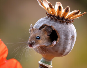 Wall Mural - A mouse looking out of the side hole of a dry poppy plant head