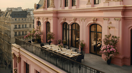 Sticker - A pink building with a balcony and tables on it