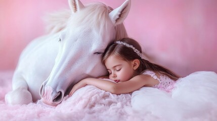 Sticker - A little girl laying on top of a white horse