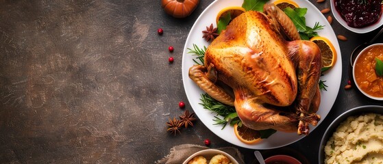 Delicious roasted Thanksgiving turkey dinner with traditional side dishes beautifully arranged on a rustic table, ready to be served.