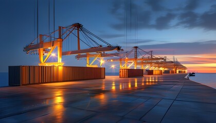 Wall Mural - Twilight Glow of a Futuristic Container Terminal with Digital Overlays and Illuminated Cargo Activity