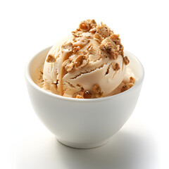 Sticker -  A bowl with a single large scoop of Honey Ice cream with Kellogg's Honey Smacks Cereal pieces mixed in, in a clean white ceramic bowl on a white background, 120mm, f16, studio li