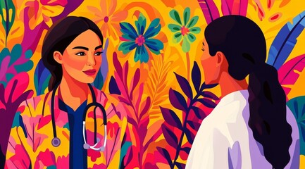 colorful depiction of two doctors engaging in conversation amidst a vibrant floral backdrop, showcas