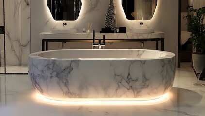 A freestanding oval bathtub made of white marble, illuminated by a strip of light.