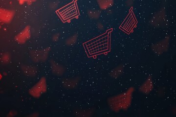 Abstract shopping cart icons floating in dark space with red glowing particles