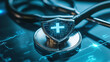 © Екатерина Чумаченко - A digital shield with a medical cross symbol sits on a stethoscope, representing the importance of protecting patient data and ensuring secure healthcare practices