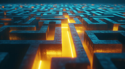 A labyrinth maze with a glowing yellow path on a blue background suggesting a concept of problem solving. 3D Rendering