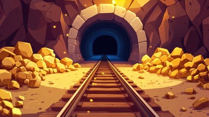 Wall Mural - Cartoon Gold Mine Tunnel with Golden Rocks and Train Tracks, Designed for Game Art Background