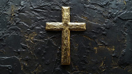 Wall Mural - Golden cross on textured black background symbolizing faith and spiritual strength religious concept