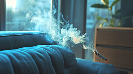 Lit cigarette with smoke left on the sofa. The danger and probability of a fire and a burning apartment. Insurance concept