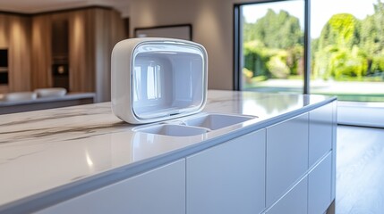 Poster - A modern kitchen with a sink and countertop in front of the window, AI