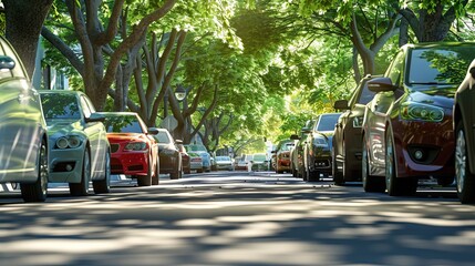 Sticker - A row of cars are parked on a street with trees in the background