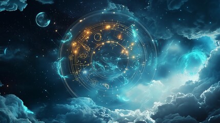 Wall Mural - A beautiful celestial experience featuring swirling clouds, stars, and constellations in a night sky filled with cosmic energy
