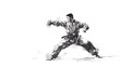 © Khukrit - Powerful Martial Performing Fierce Taekwondo Strike in Refined Sumi-e Ink Sketch