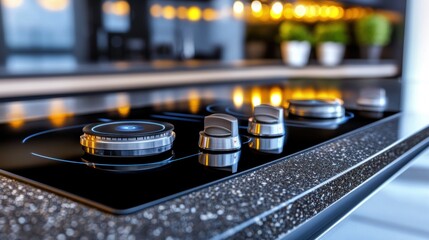 Poster - A close up of a black gas stove top with four knobs, AI