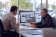 © DK_2020 - Car salesperson and customer discuss financing, dealership desk, brochures, car models on screen