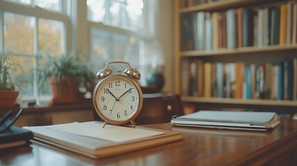 Canvas Print - A Classic Alarm Clock on a Desk with Books