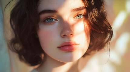 Canvas Print - Close-up portrait of a woman with clear skin, soft lighting from a window highlighting her natural beauty against a pastel background