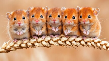 Poster - A group of five mice sitting on a stalk of wheat, AI