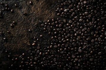 Roasted coffee beans scattered on dark textured surface