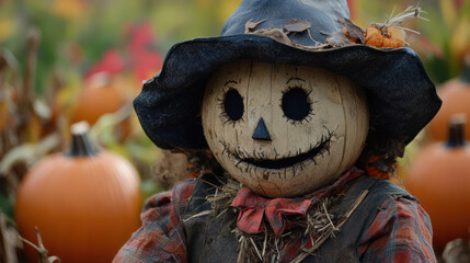 A cheerful scarecrow with straw hat and friendly smile stands amidst pumpkins in vibrant autumn setting, evoking spirit of Halloween and agriculture