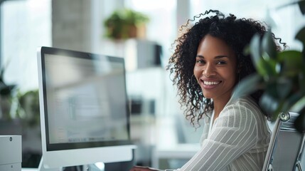 Poster - A woman with curly hair is sitting at a desk in front of a computer monitor