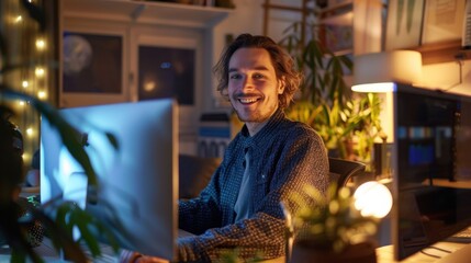 Poster - A man is sitting at a desk with a computer monitor in front of him