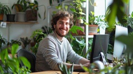Poster - A man is sitting at a desk with a computer and a keyboard