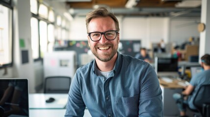 Poster - A man wearing glasses and a blue shirt is smiling at the camera