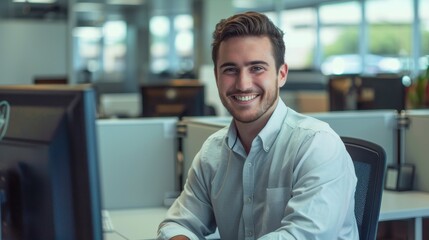 Poster - A man is sitting at a desk with a computer monitor in front of him