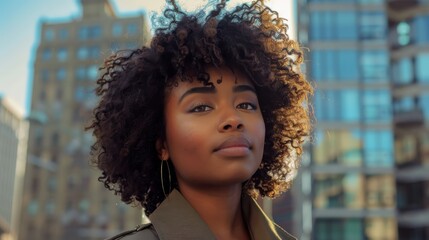 Poster - A woman with curly hair is standing in front of a building