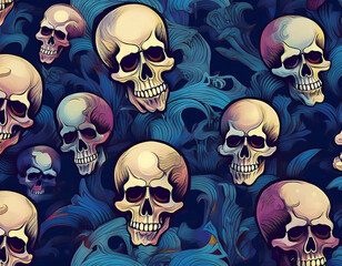 Wall Mural -  Seamless pattern of skulls, set against a dark blue background for a spooky, gothic loo_1(751)