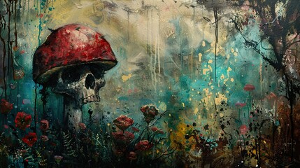 Surreal Skull Mushroom Forest Painting: Dark Fantasy Art