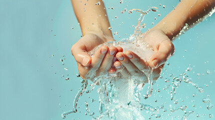 Woman washing cleaning hands by both two hands purity transparent water blue background copy space. People lifestyle hygiene medical nature protective wellness. World environment day World water day