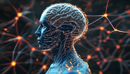 Futuristic Digital Human Showcase Featuring Neural Network Brain Activity Representing Advanced Generative AI in a Connected Global Landscape