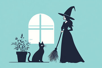 A beautiful witch in a black magic hat holding a broom stands beside her black cat. In the background, a spooky castle looms with bats flying, glowing pumpkins, and a translucent ghost floating by