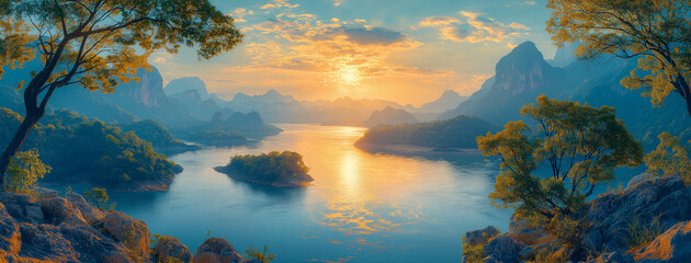 Wall Mural - The national park’s dramatic cliffs bathed in warm afternoon sunlight, with a river flowing peacefully below through the rocky landscape.