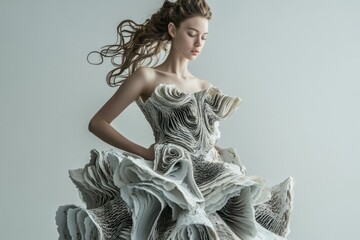 Model in dress with organic, non-linear patterns