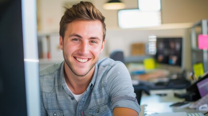 Fototapete - A young man with a smile on his face is sitting in front of a computer monitor