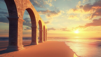 Historical white architectural arches ancient beauty wall gate on sandy beach with sunset sky