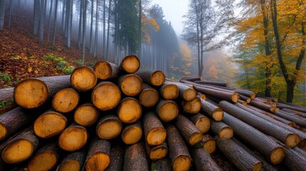 Poster - A pile of logs sitting in a forest with trees around them, AI