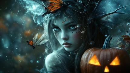 A mystical fairy with butterfly wings and carved pumpkin captures enchanting spirit of Halloween. ethereal atmosphere is filled with magic and wonder