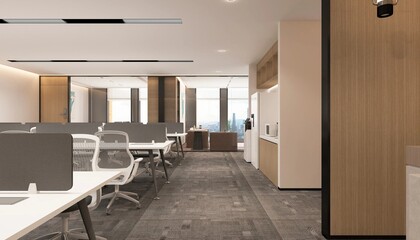 Modern office interior with workspaces and amenities.