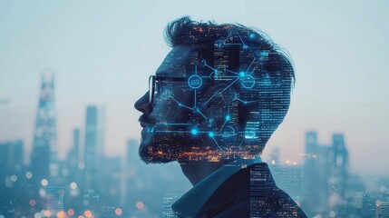 a thoughtful man gazes into a city skyline while contemplating technology and innovation in a digita