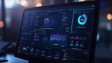 Poster - Data analytics dashboard displaying real-time metrics in a dimly lit office environment at night