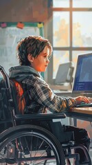 Poster - A boy in a wheelchair is sitting at a desk and using a laptop